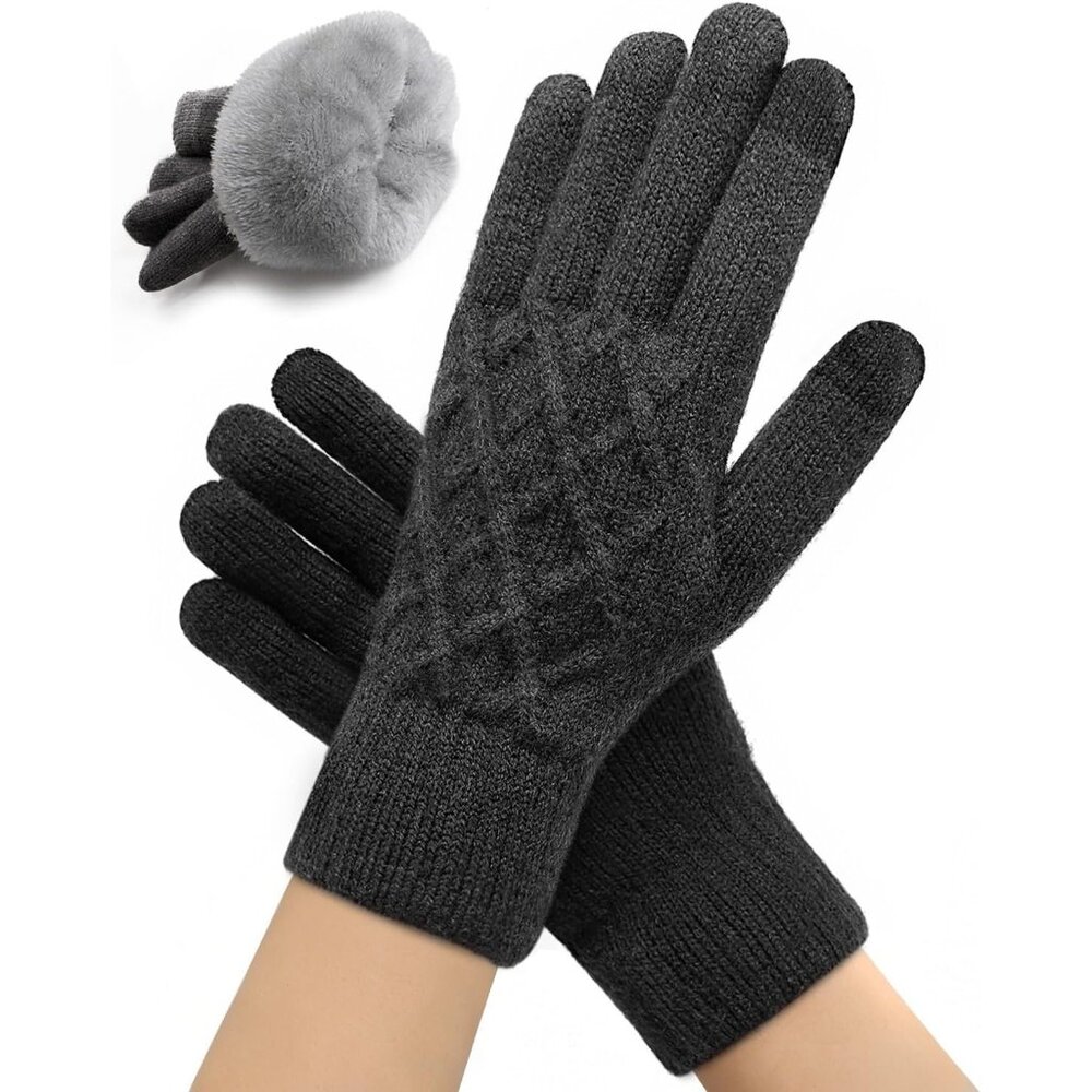 Women's Gray Wool Lining Cuffs Windproof Winter Warm Knit Cold Weather Gloves